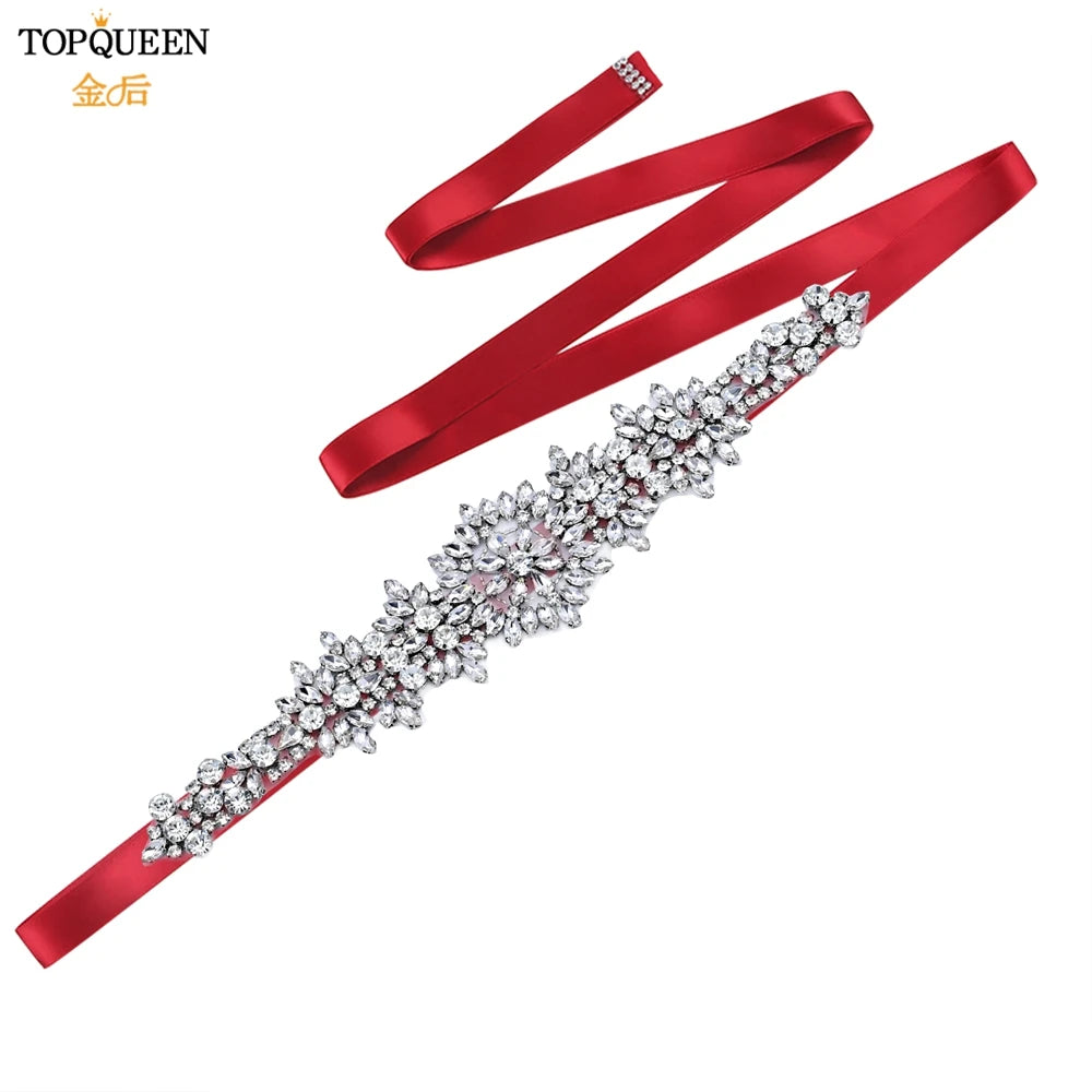 TOPQUEEN S319 Rhinestones Wedding Belt Sparkly Bride Dress Decorative Sash with Stone Jeweled Satin Ribbons Silver Gown Applique