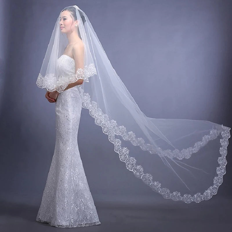 1.3/2.6m Wedding Bride Long Veil White Ivory One Layer Face Veil Gauze With Lace Edge Wedding Marriage Bride Hair Accessories