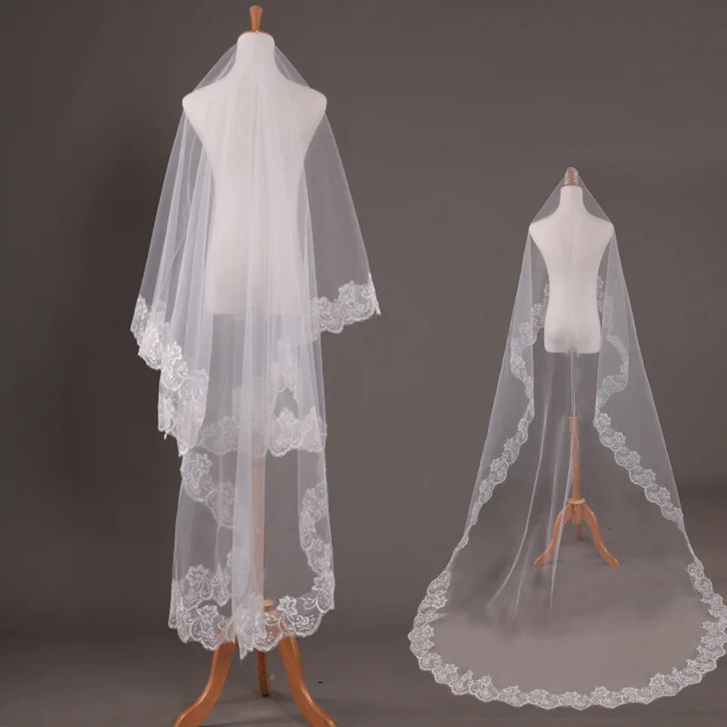 1.3/2.6m Wedding Bride Long Veil White Ivory One Layer Face Veil Gauze With Lace Edge Wedding Marriage Bride Hair Accessories