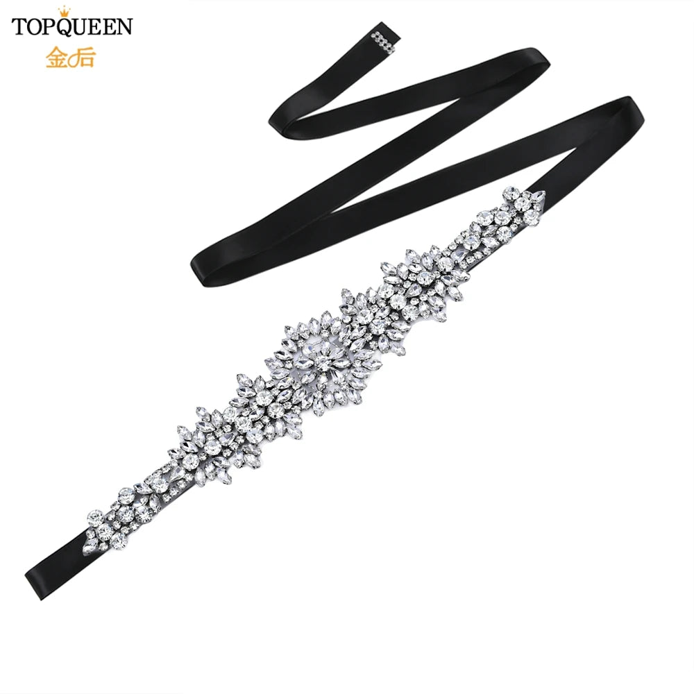TOPQUEEN S319 Rhinestones Wedding Belt Sparkly Bride Dress Decorative Sash with Stone Jeweled Satin Ribbons Silver Gown Applique