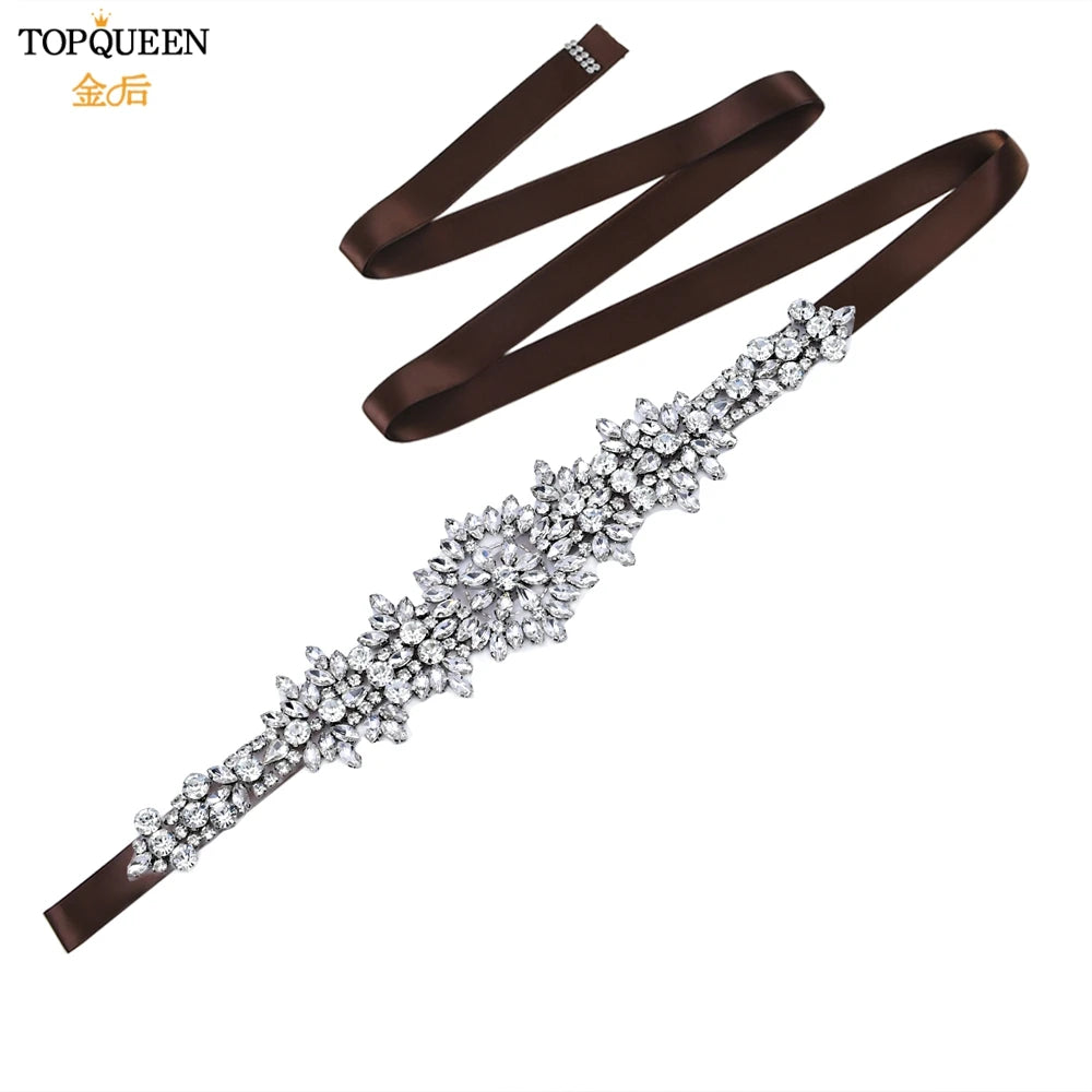 TOPQUEEN S319 Rhinestones Wedding Belt Sparkly Bride Dress Decorative Sash with Stone Jeweled Satin Ribbons Silver Gown Applique
