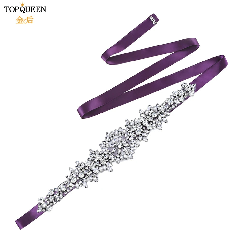 TOPQUEEN S319 Rhinestones Wedding Belt Sparkly Bride Dress Decorative Sash with Stone Jeweled Satin Ribbons Silver Gown Applique