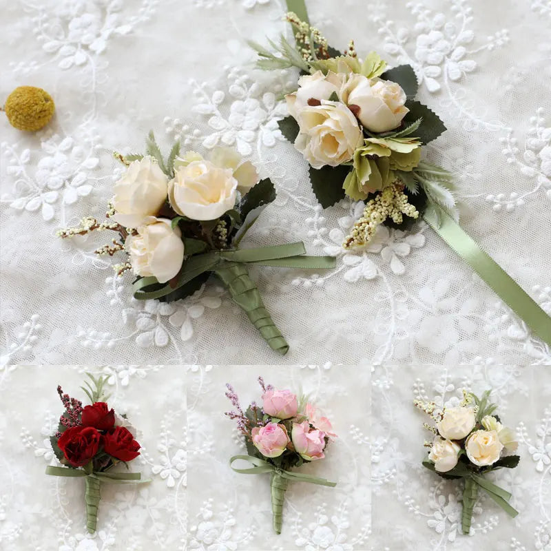 Artificial Silk Plastic Rose Flowers Groom Boutonniere Man Pin Suit Corsage Bridal Wedding Wrist Flower Party Decorations
