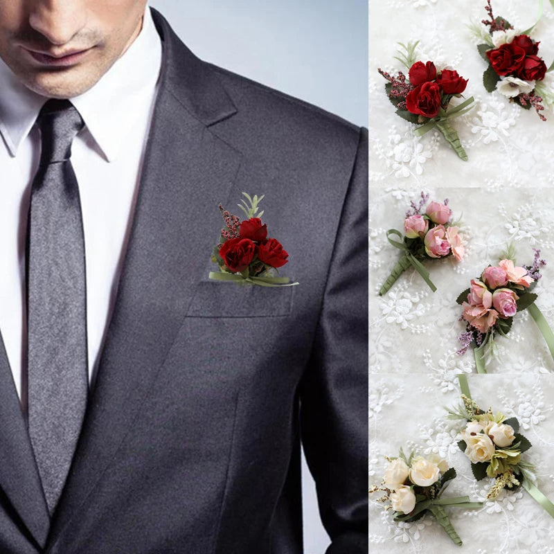 Artificial Silk Plastic Rose Flowers Groom Boutonniere Man Pin Suit Corsage Bridal Wedding Wrist Flower Party Decorations