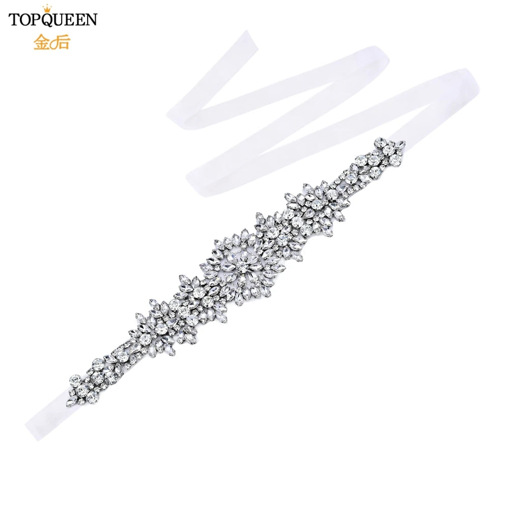 TOPQUEEN S319 Rhinestones Wedding Belt Sparkly Bride Dress Decorative Sash with Stone Jeweled Satin Ribbons Silver Gown Applique