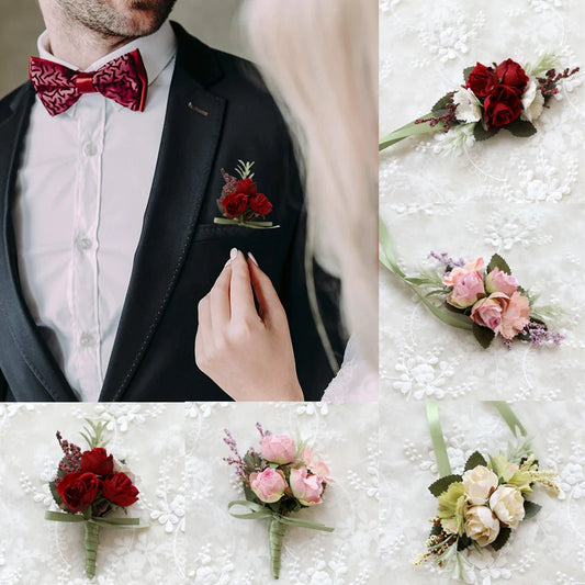 Artificial Silk Plastic Rose Flowers Groom Boutonniere Man Pin Suit Corsage Bridal Wedding Wrist Flower Party Decorations