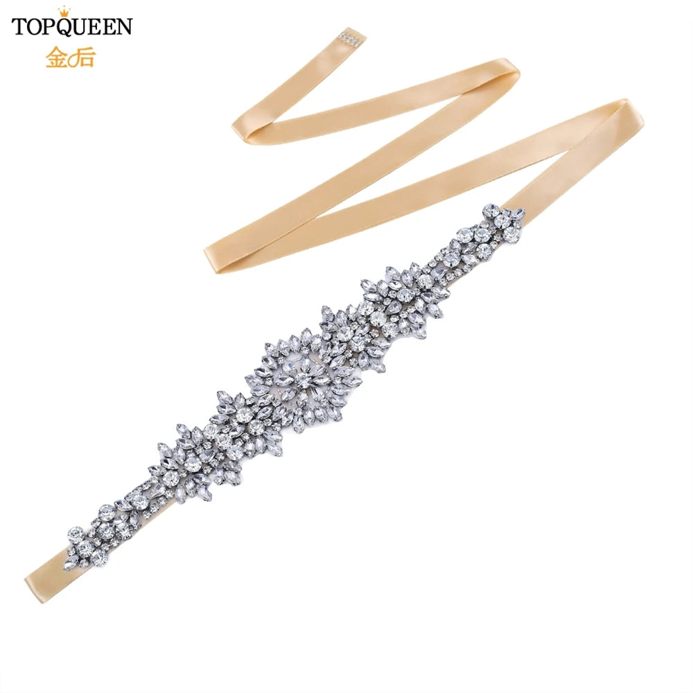 TOPQUEEN S319 Rhinestones Wedding Belt Sparkly Bride Dress Decorative Sash with Stone Jeweled Satin Ribbons Silver Gown Applique