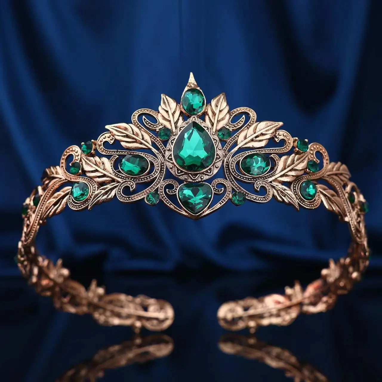 Vintage Baroque Green Crystal Leaves Tiara Crown Princess Queen Diadem Wedding Bridal Hair Accessory for Women Jewelry