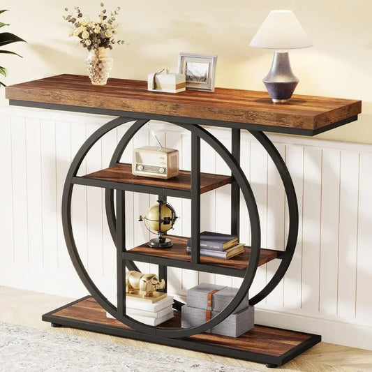 th 41.3" Console Table, Industrial 4-Tier Sofa Table Entryway Table with Circle Base, for Living Room, Hallway, Rustic Brown