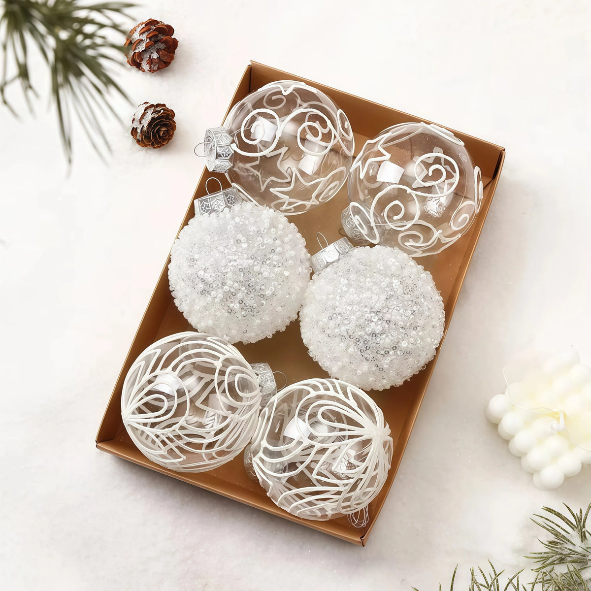 6PCS Glitter Transparent Painted Christmas Balls Set Gold Flower Luxury Xmas Tree Ornaments DIY Hanging Home Decor Navidad