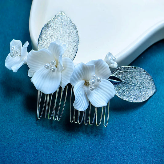 Porcelain flower bridal wedding hair ornament, silver leaf bridal tiara, pearl hair ornament for ladies and girls
