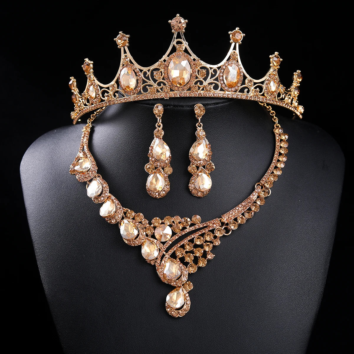 Fashion Champagne Gold Crystal Rhinestone Tiara And Crowns With Necklace Earrings Sets Wedding Hair Accessories For Women Bride