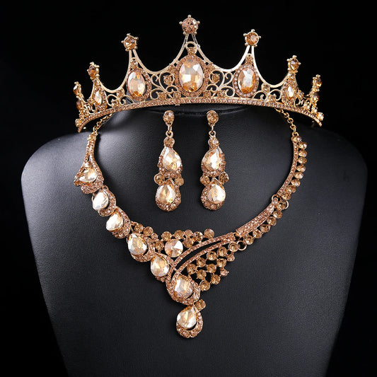 Fashion Champagne Gold Crystal Rhinestone Tiara And Crowns With Necklace Earrings Sets Wedding Hair Accessories For Women Bride