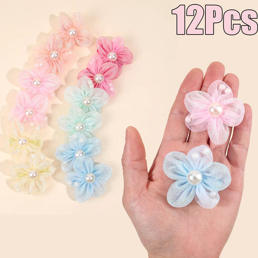 12Pcs Novelty Flower Hair Clips Sweet Pearl Filled Sparkling Rhinestone Hairpins For Girls Children's Headdress Hair Accessories