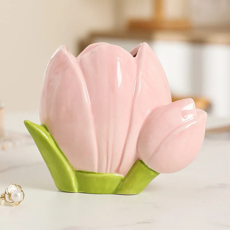 Flower Ceramic Vase Cute Decoration Living Room Flower Arrangement Table Surface Flower Decoration Makeup Pen Storage Bucket
