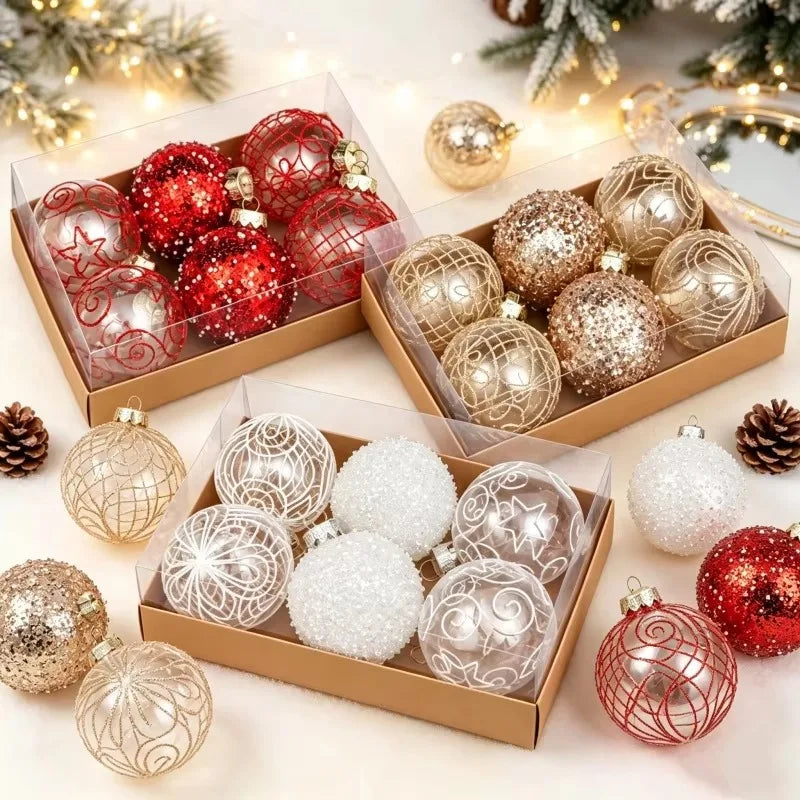 6PCS Glitter Transparent Painted Christmas Balls Set Gold Flower Luxury Xmas Tree Ornaments DIY Hanging Home Decor Navidad