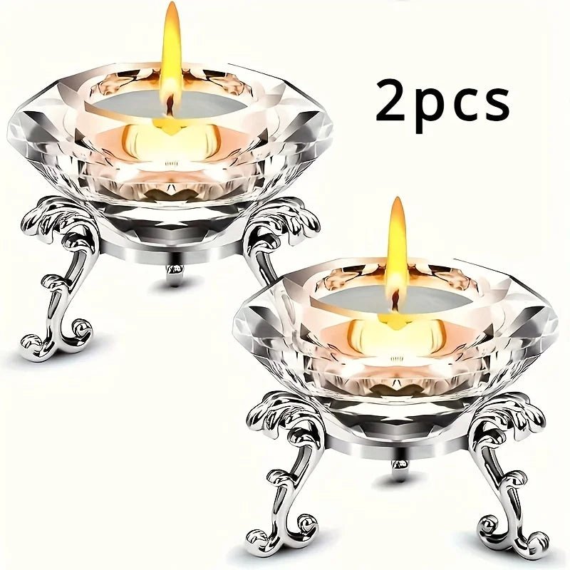 2Pcs Elegant Clear Crystal Diamond Candlestick Set with Polished Metal Stand， Candle Holders for Wedding Home Office Party Decor