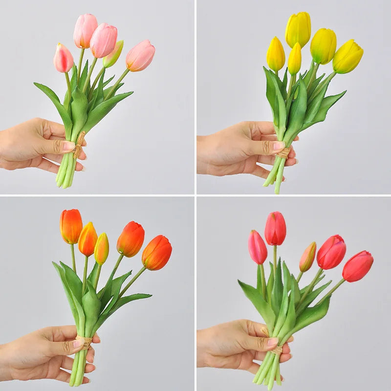 5pcs/Bouquet Mini New Silicone Tulip 25cm Artificial Flower Real Touch Fake Plant Bouquet for Wedding Decoration Home Garen
