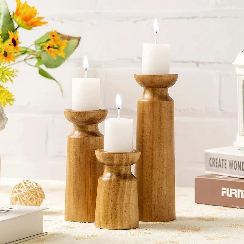 3PCS Natural Wooden Candlesticks Holders Retro Wedding Candle Holder Stand Festival Party Table Home Decorations