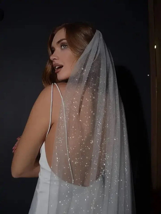 Bling Bling Glitters Veils White Ivory Long Bridal Veil With Comb 1 Tier Fingertip Long Short Wedding Veil with Sparkly Glitters