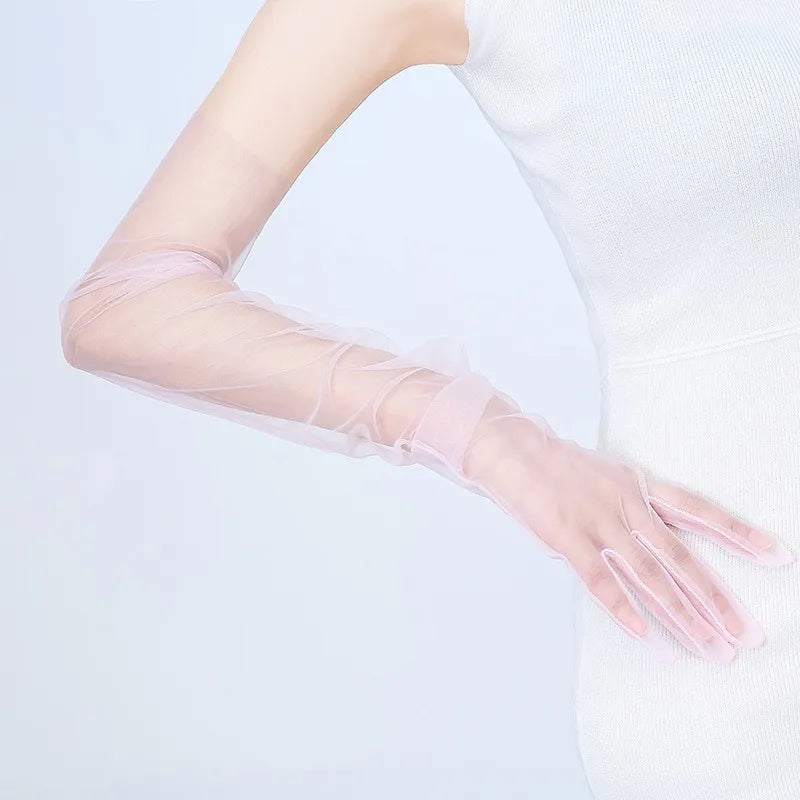 Women Long Sheer Tulle Gloves for Bridal Wedding Accessories Party Transparent Finger Gloves