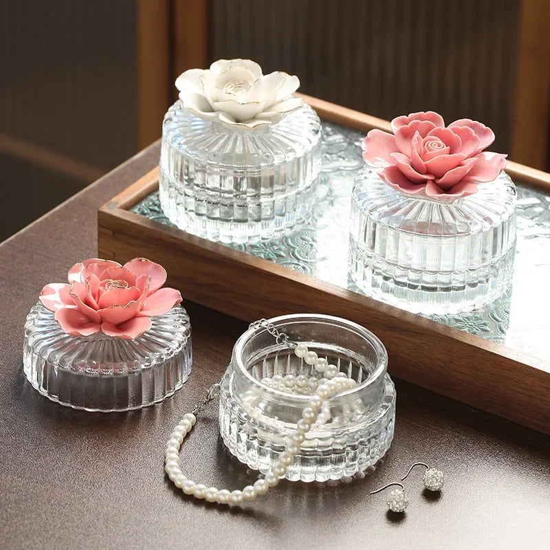 Ceramic flower glass storage box exquisite glass storage tank home storage tank creative home decoration gifts