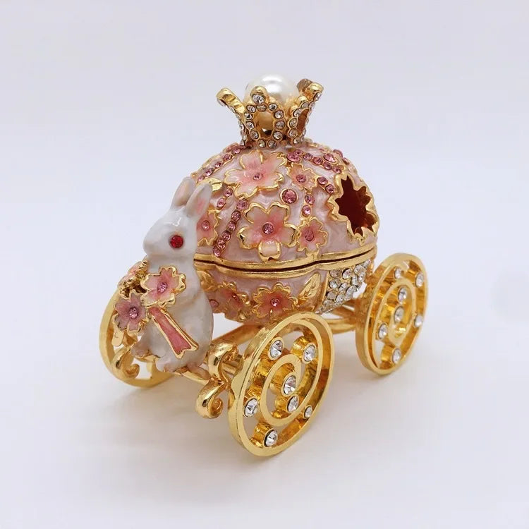 1Pcs Hand-painted Enamel Rabbit Carriage Jewelry Storage Box Alloy Box Desktop Decoration Gift Ornament Enamel Craft Ring Box