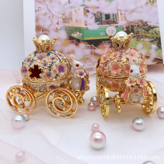 1Pcs Hand-painted Enamel Rabbit Carriage Jewelry Storage Box Alloy Box Desktop Decoration Gift Ornament Enamel Craft Ring Box
