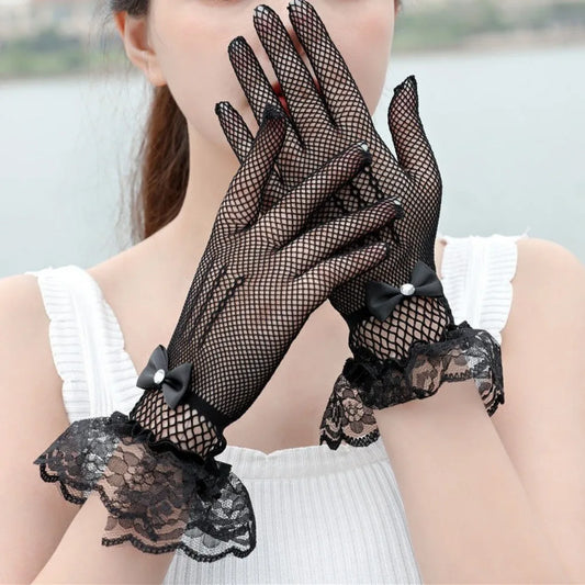 Sexy Transparentes Dot Print Black White Mesh Tulle GloveSpring Summer Thin Short Glove Club Prom Party Dancing Dress Glove