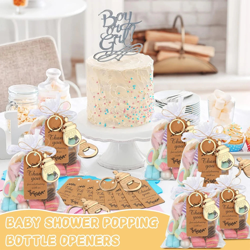 10 set baby shower gift set, bottle shaped opener with hard gauze bag commemorative keychain, thank you label themed party gift