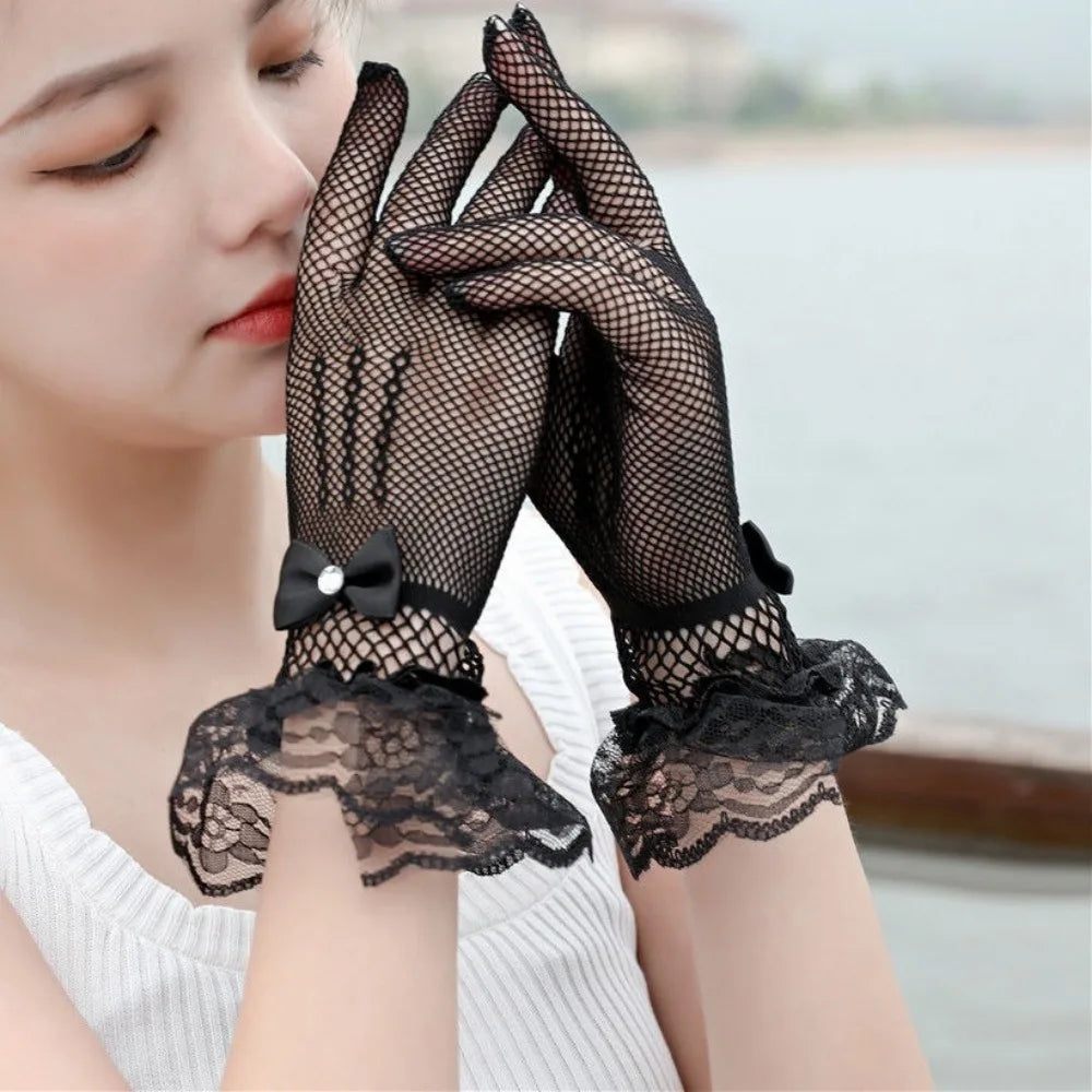 Sexy Transparentes Dot Print Black White Mesh Tulle GloveSpring Summer Thin Short Glove Club Prom Party Dancing Dress Glove