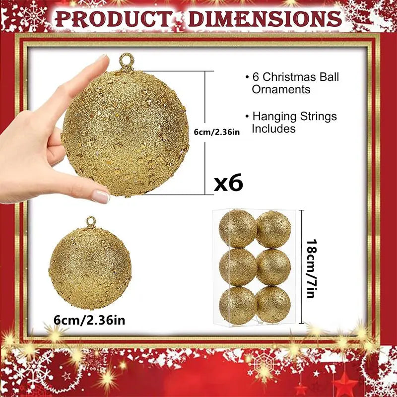 6Pcs 6cm Glitter Christmas Ball Xmas Tree Hanging Ornaments Gold Home Party Decoration Navidad New Year Holiday Gifts Set