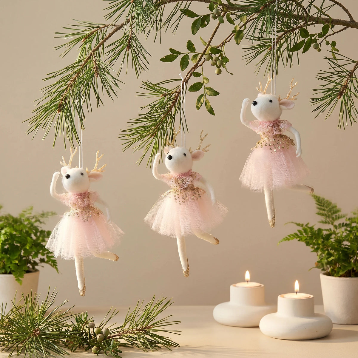 Christmas Reindeer Ballerina Ornaments, Pink White Tulle Dress Hanging Decorations for Tree, Party and Holiday Decor
