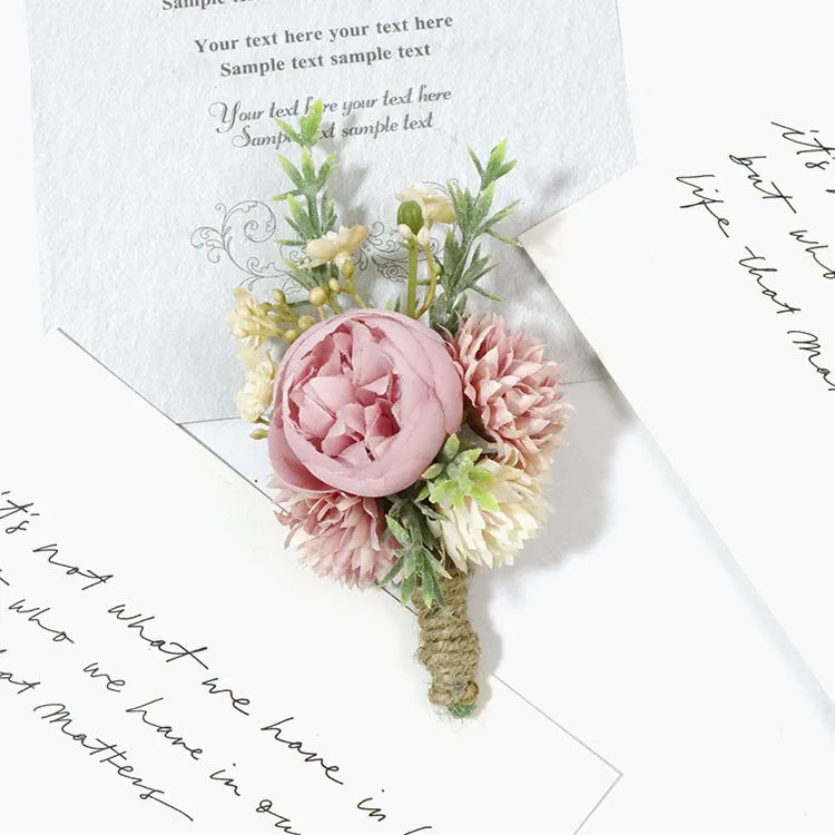 PinK Groom Corsage Wedding Boutonniere Pink Brooch Flowers Bridesmaid Pin for Guests Marriage Accessories Photo Props For Guests