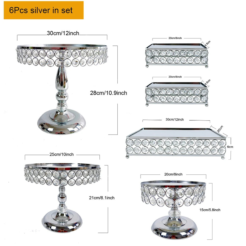 6Pcs-9PcsCake Stand Set with Crystal Beaded Mirror Metal Dessert Table Display Stands Cupcake Holder for Birthday Party Festival