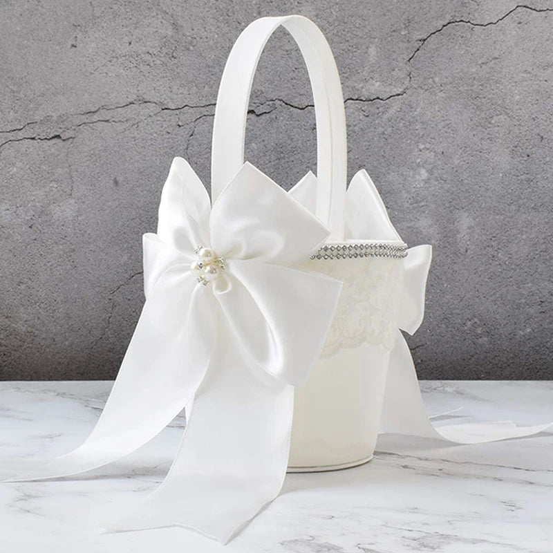 Wedding Flower Girl Basket and Ring Pillow Set Silk Ribbon Bow Flower Embroidery Pearl Decoration Party Candy Basket
