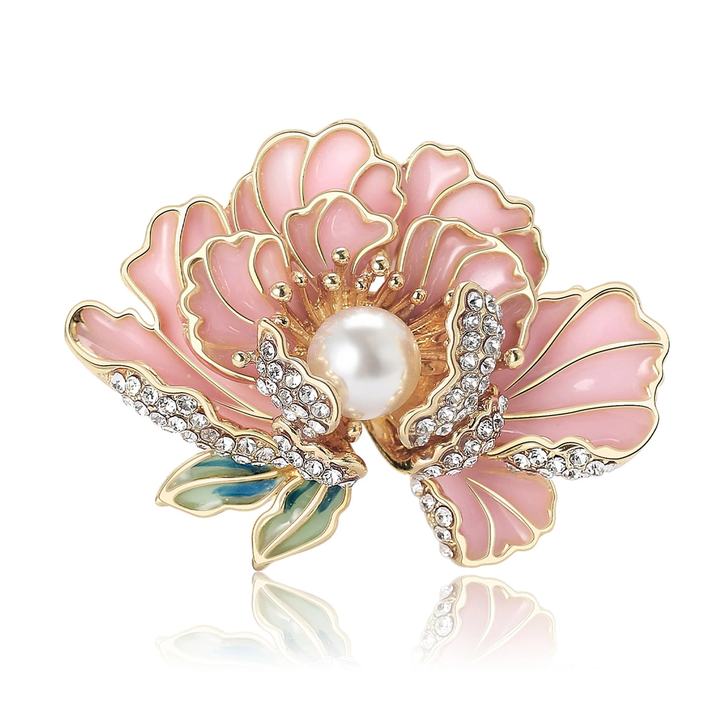 Beaut&Berry Elegant Pearl Peony Flower Brooches for Women Rhinestone Plant Pin Luxury Banquet Wedding Jewelry Friends Gifts