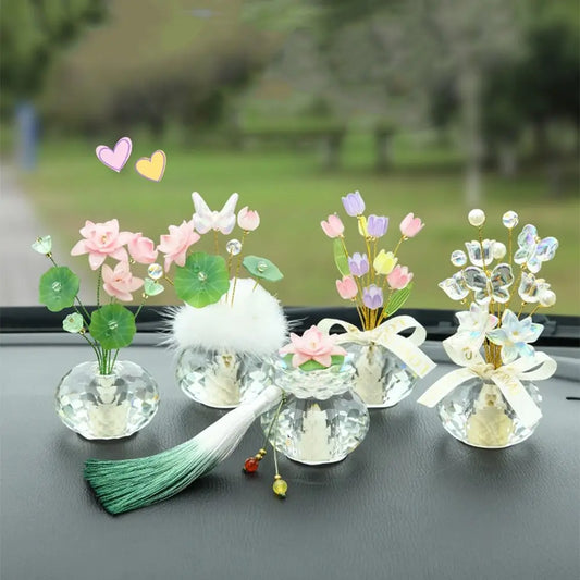 Creative Mini Crystal Glass Flowers Lotus Shaped Colorful Crystal Flower Decoration Romantic Realistic Car Ornaments