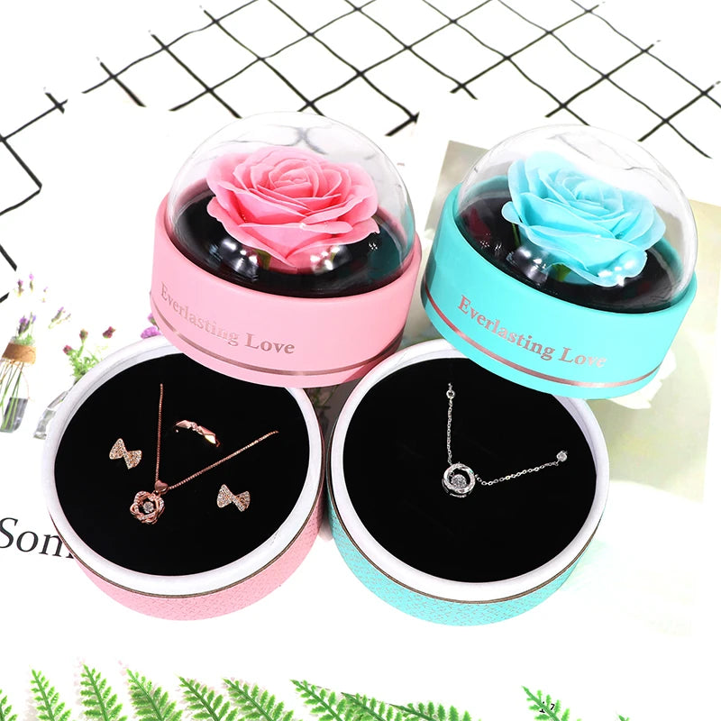 Round Eternal Rose Flower Jewelry Box Romantic Necklace Ring Storage Display Boxes Marriage Party Valentine's Day Gift Packaging