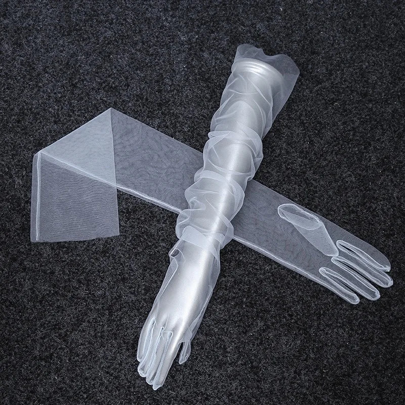 Women Long Sheer Tulle Gloves for Bridal Wedding Accessories Party Transparent Finger Gloves