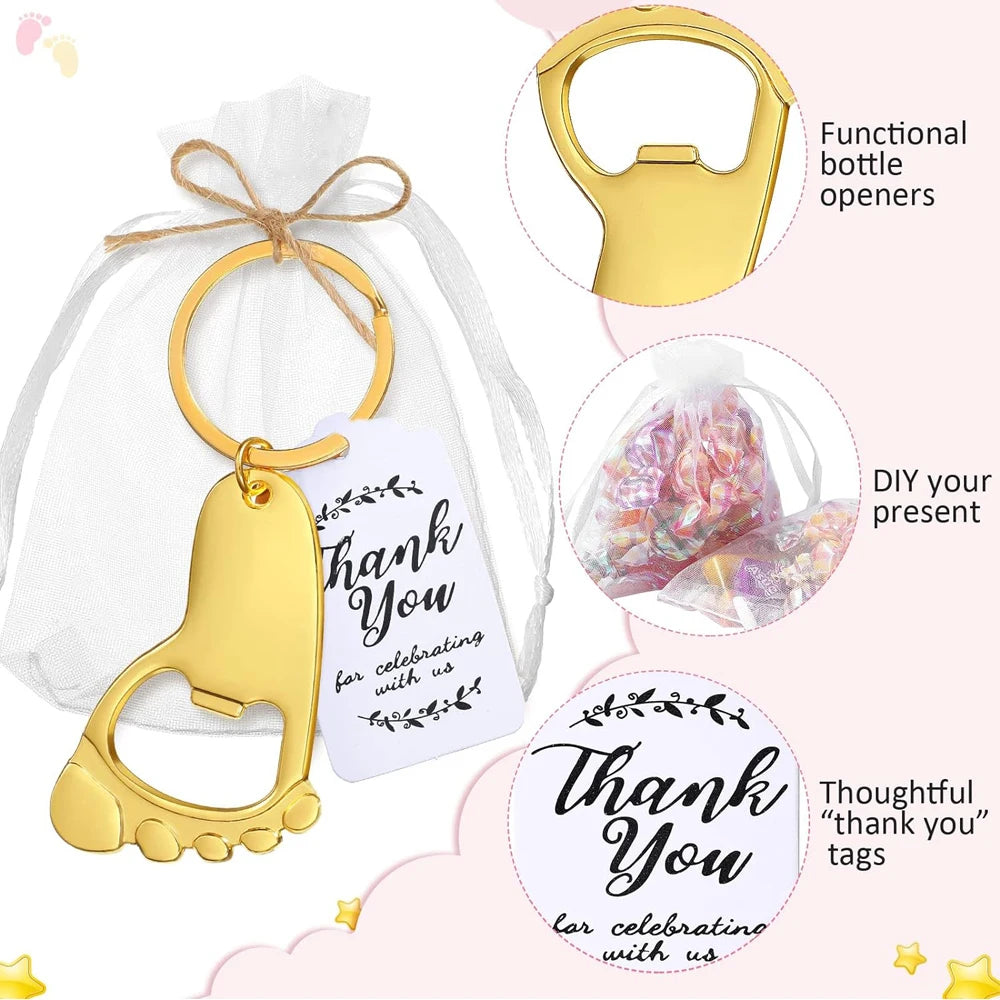 10 set baby shower gift set small foot bottle opener keychain souvenir with hard gauze bag thank you label themed party gift