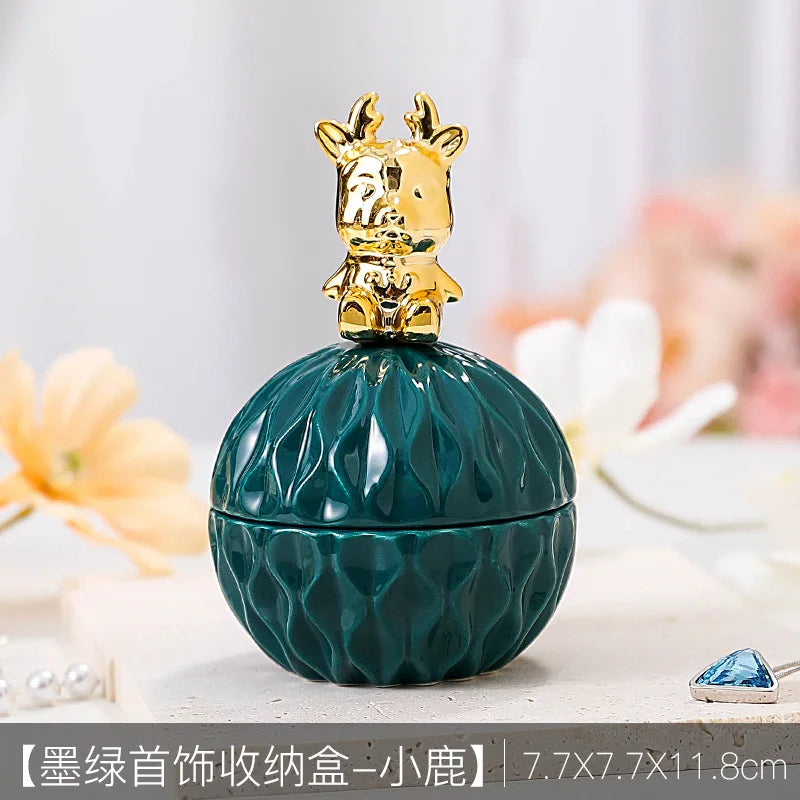 Nordic Dark Green Ceramic Animal Electroplating Ornaments Creative Girl Jewelry Ring Box Sealed Storage Box Hand Gift Mini Jar