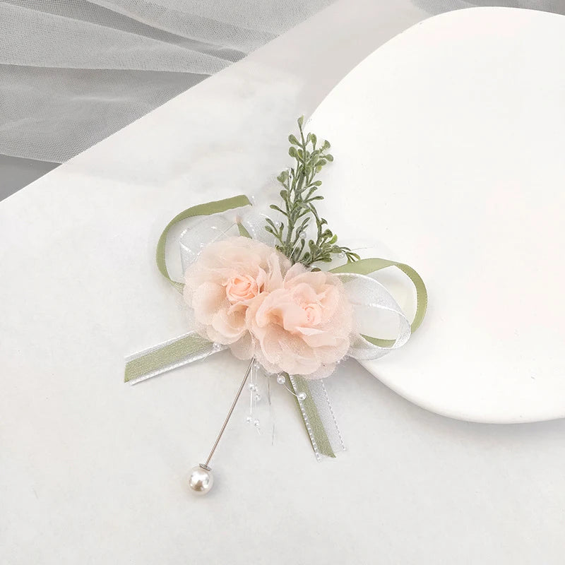 New Girl Bridesmaid Wrist Corsage Bridal Prom Party Boutonniere Satin Rose Brooch Bracelet Fabric Hand Flower Wedding Accessory