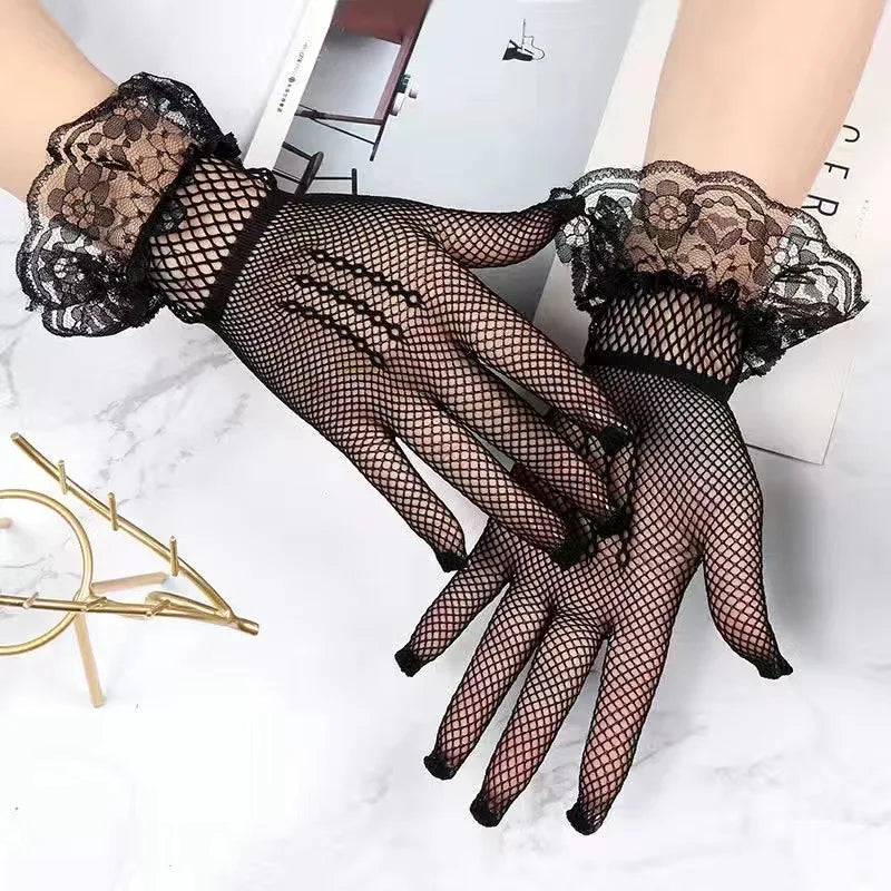 Sexy Transparentes Dot Print Black White Mesh Tulle GloveSpring Summer Thin Short Glove Club Prom Party Dancing Dress Glove