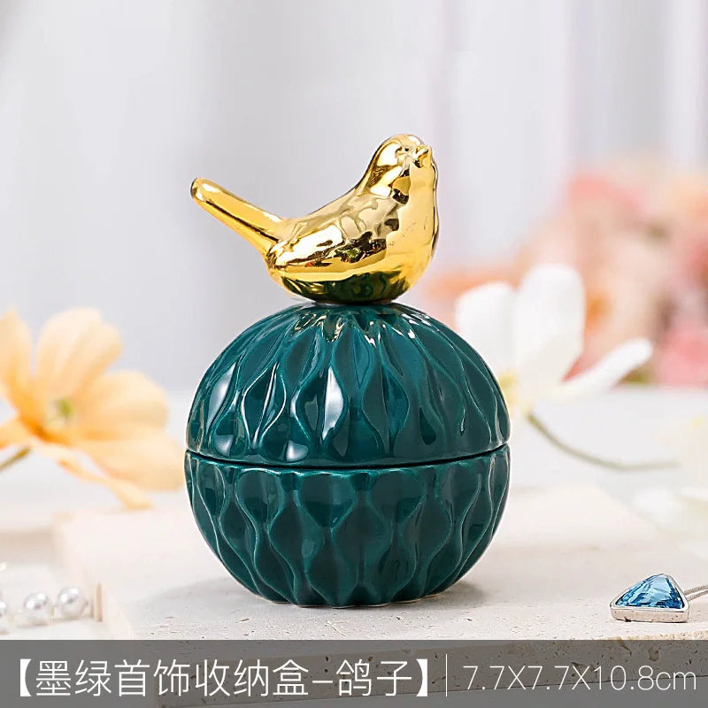 Nordic Dark Green Ceramic Animal Electroplating Ornaments Creative Girl Jewelry Ring Box Sealed Storage Box Hand Gift Mini Jar