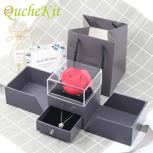 Preserved Eternal Rose Jewelry Box Ring Earrings Necklace Gift Storage Box With Bag Wedding Birthday Gift for Girlfriend Women