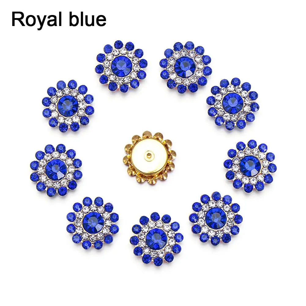 10PCS 14mm Flower-shaped Rhinestone Buttons Sparkling Crystal Glass Stone Steel Bottom Clothes Decoration Sewing Accessories