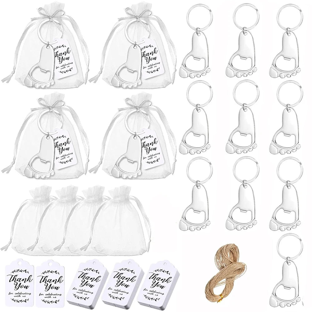 10 set baby shower gift set small foot bottle opener keychain souvenir with hard gauze bag thank you label themed party gift