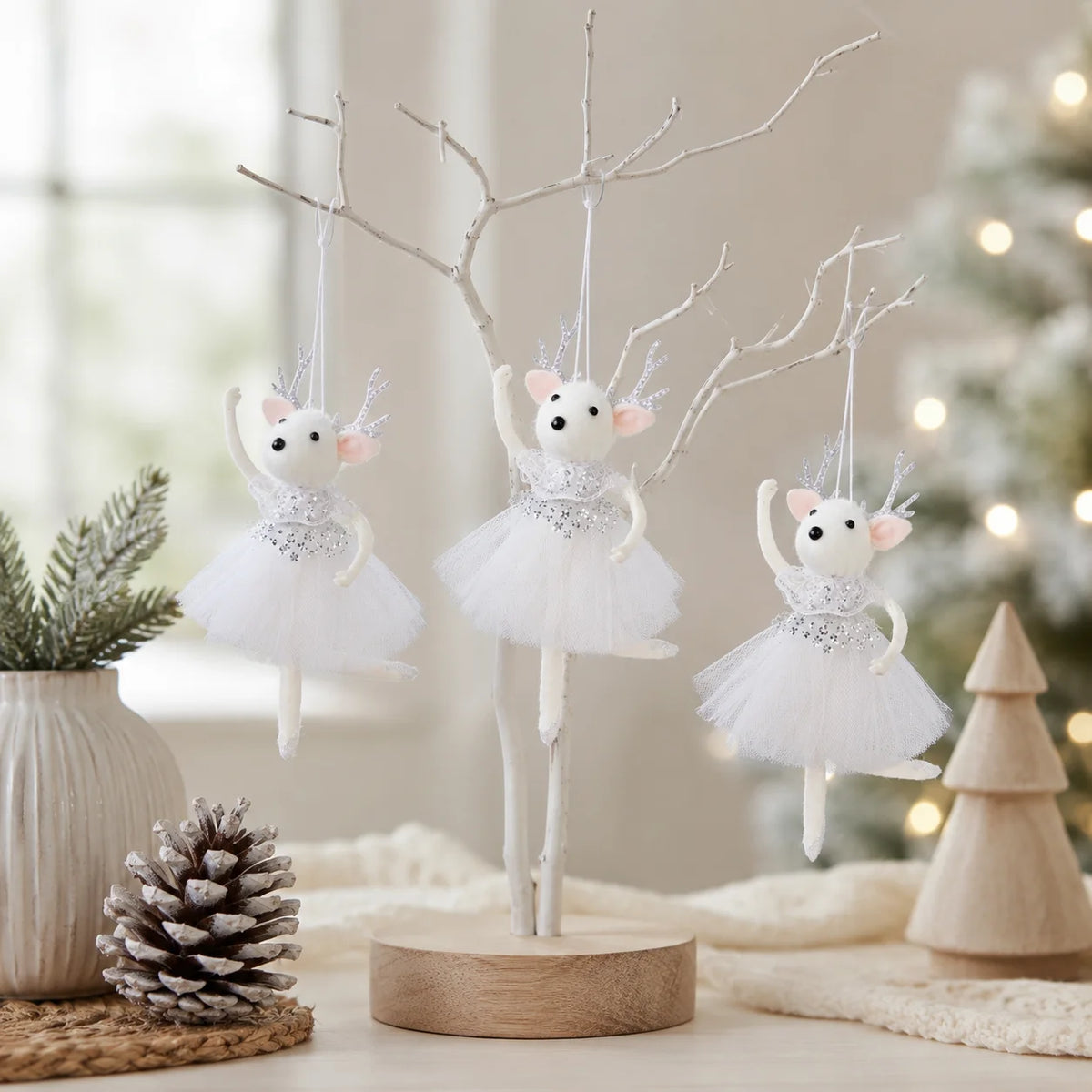 Christmas Reindeer Ballerina Ornaments, Pink White Tulle Dress Hanging Decorations for Tree, Party and Holiday Decor