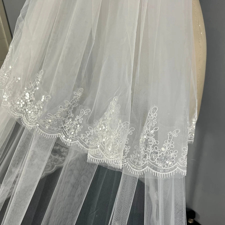 New Arrival Two Layers White Ivory Cathedral Wedding veils Lace Appliques Bride wedding accessories Boda velo de novia